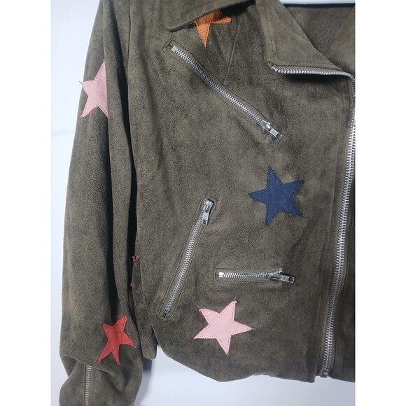 Olivaceous Olive Green Faux Suede Star Moto Jacket Size L EUC Zip Pockets Edgy - Picture 3 of 10